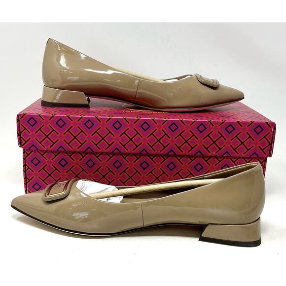 🆕Tory Burch GEORGIA Pointed Toe Flats Almond Flour Beige Patent Leather Size 7.5 - Picture 8 of 11